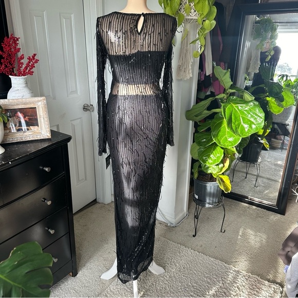 LULU’S SHEER FASCINATION SHEER MESH SEQUIN FRINGE MAXI DRESS - Picture 12 of 16